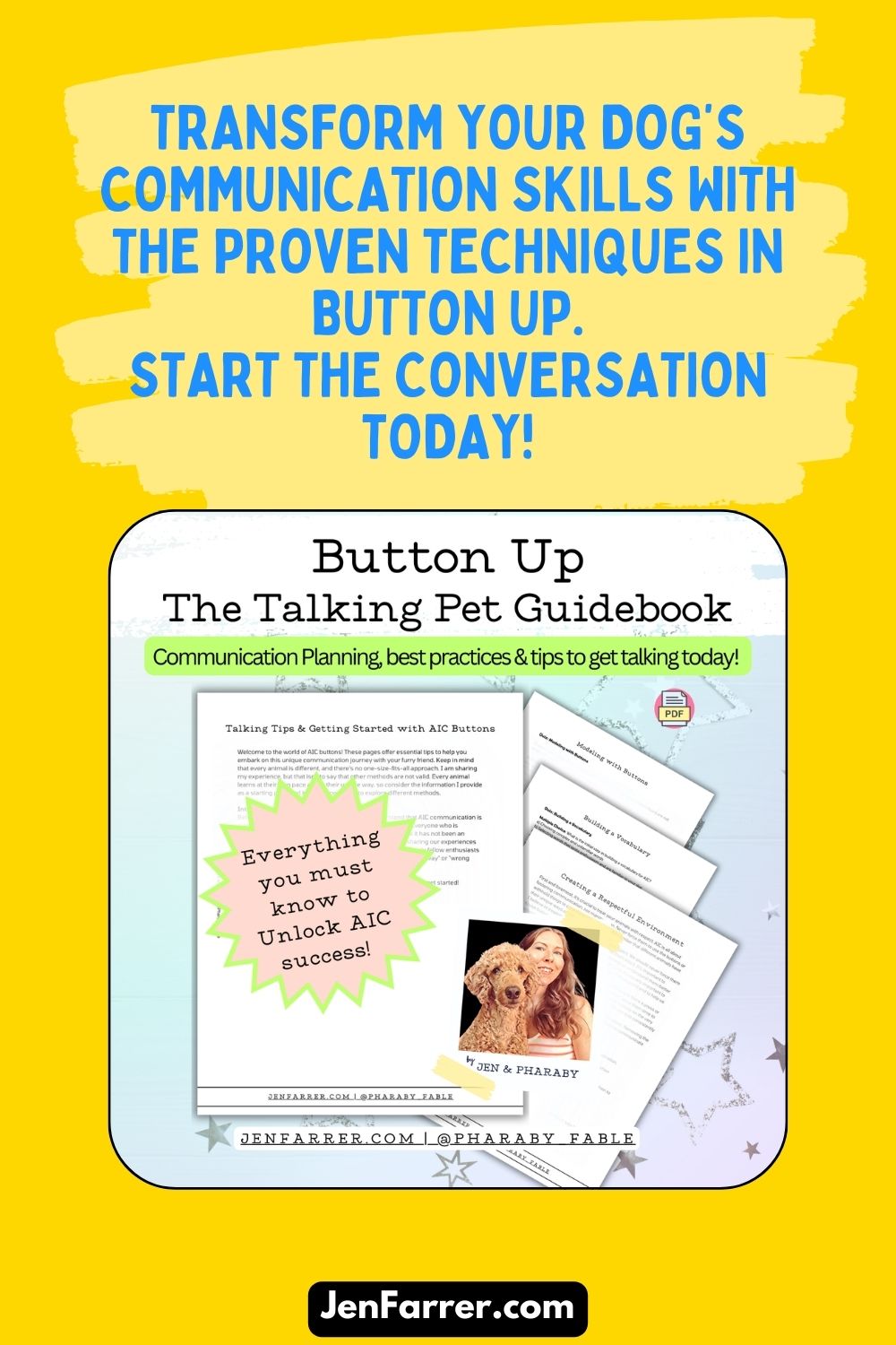 Dogs can now ‘speak’ in ways we never imagined. Ready to have a conversation with your pet?" Transform your dog’s communication skills with the proven techniques in Button Up. Start the conversation today! CTA: Don’t miss out on the chance to truly understand your dog—grab your guide now!