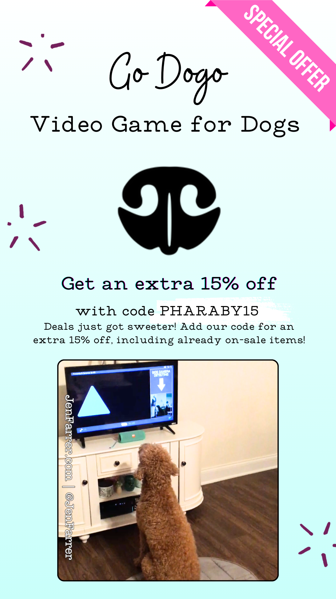 Go Dogo 15% Off + Cyber Week Stack

“Level up your dog’s brain games! 🧠🎮 Go Dogo is offering 15% off their video game system—and you can stack it with their Cyber Week sale! Use code PHARABY15. #DogEnrichment #HolidaySavings