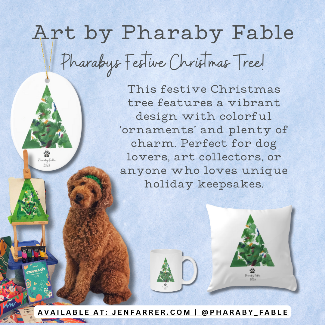 Hand-painted Christmas tree ornament created by Pharaby, a talented painting dog